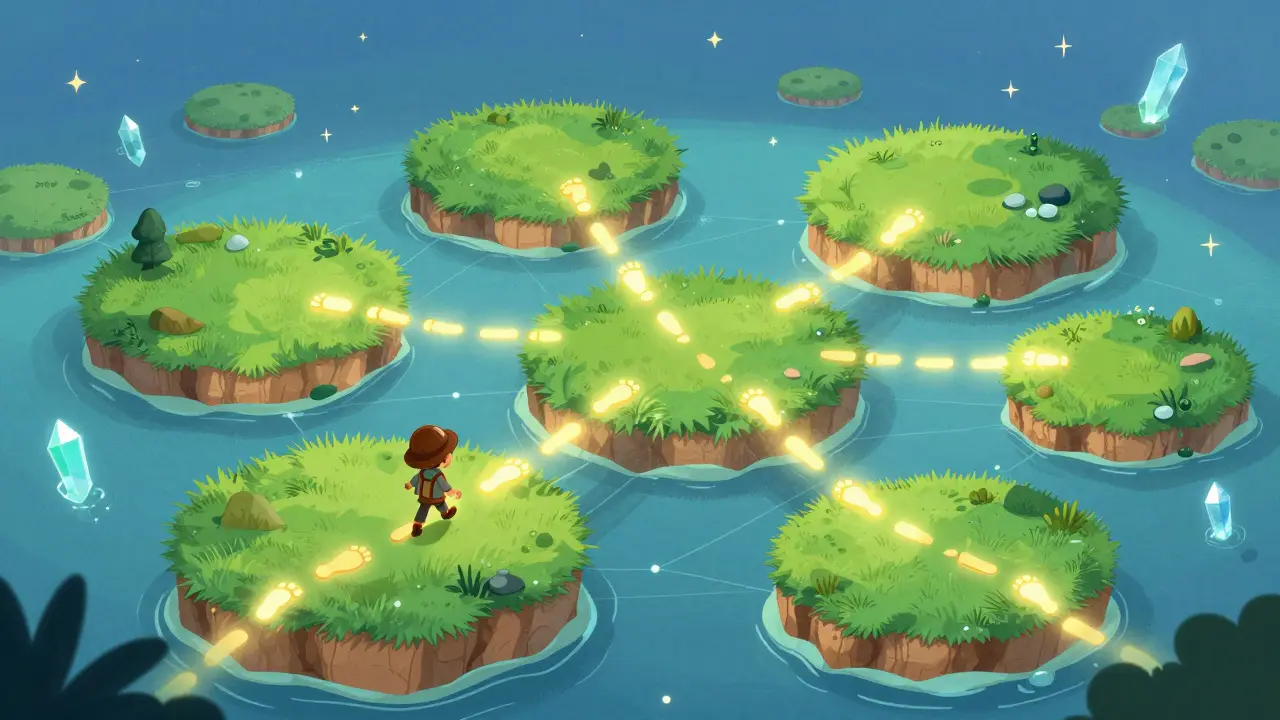 Detective character follows glowing footprints across a digital island network.