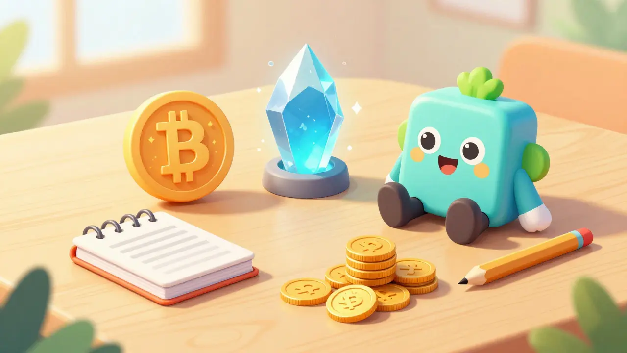 Digital assets and a ledger book on a bright table, representing taxable crypto activities.