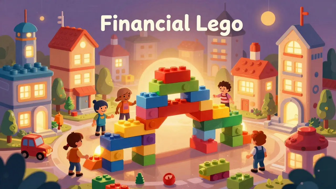 Friendly characters building a bridge with glowing colorful toy blocks