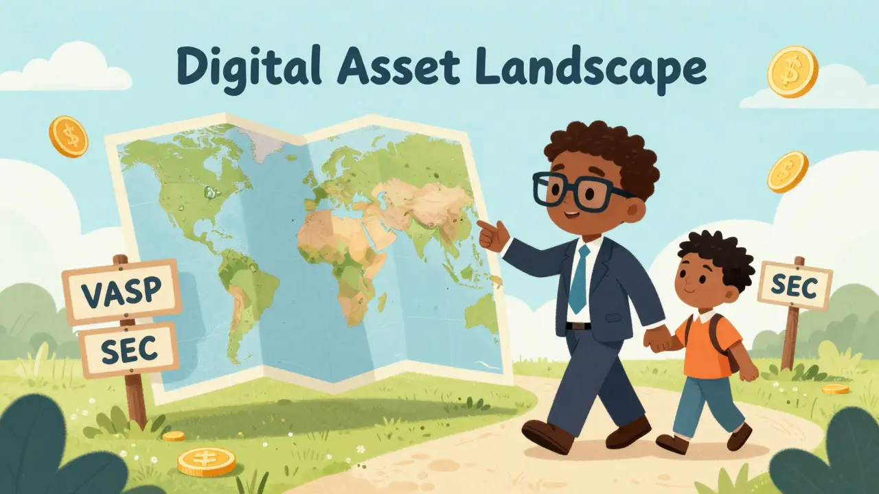 Friendly tax advisor guiding a trader through a colorful map of digital asset regulations.