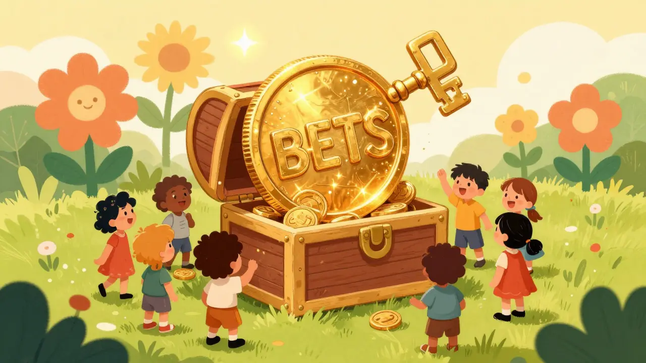 Large golden BETS token opening a sparkling treasure chest in a sunny meadow.