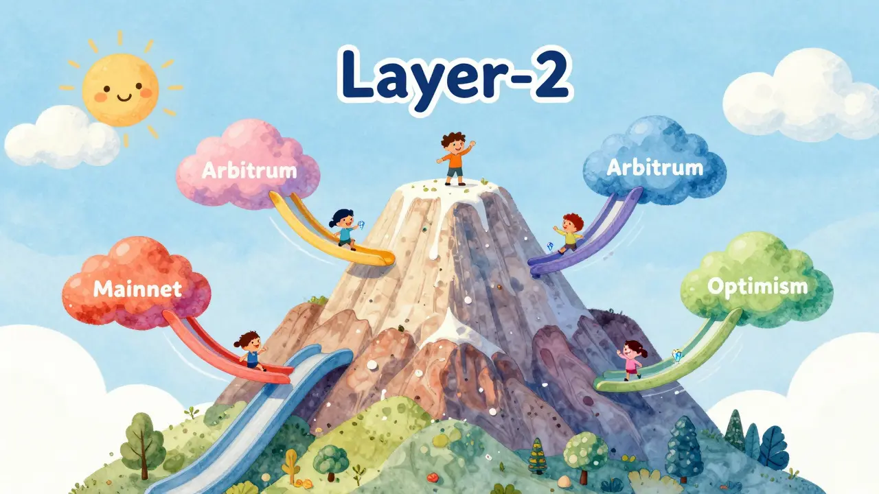 Whimsical illustration of floating colorful clouds and slides representing Layer-2 networks.