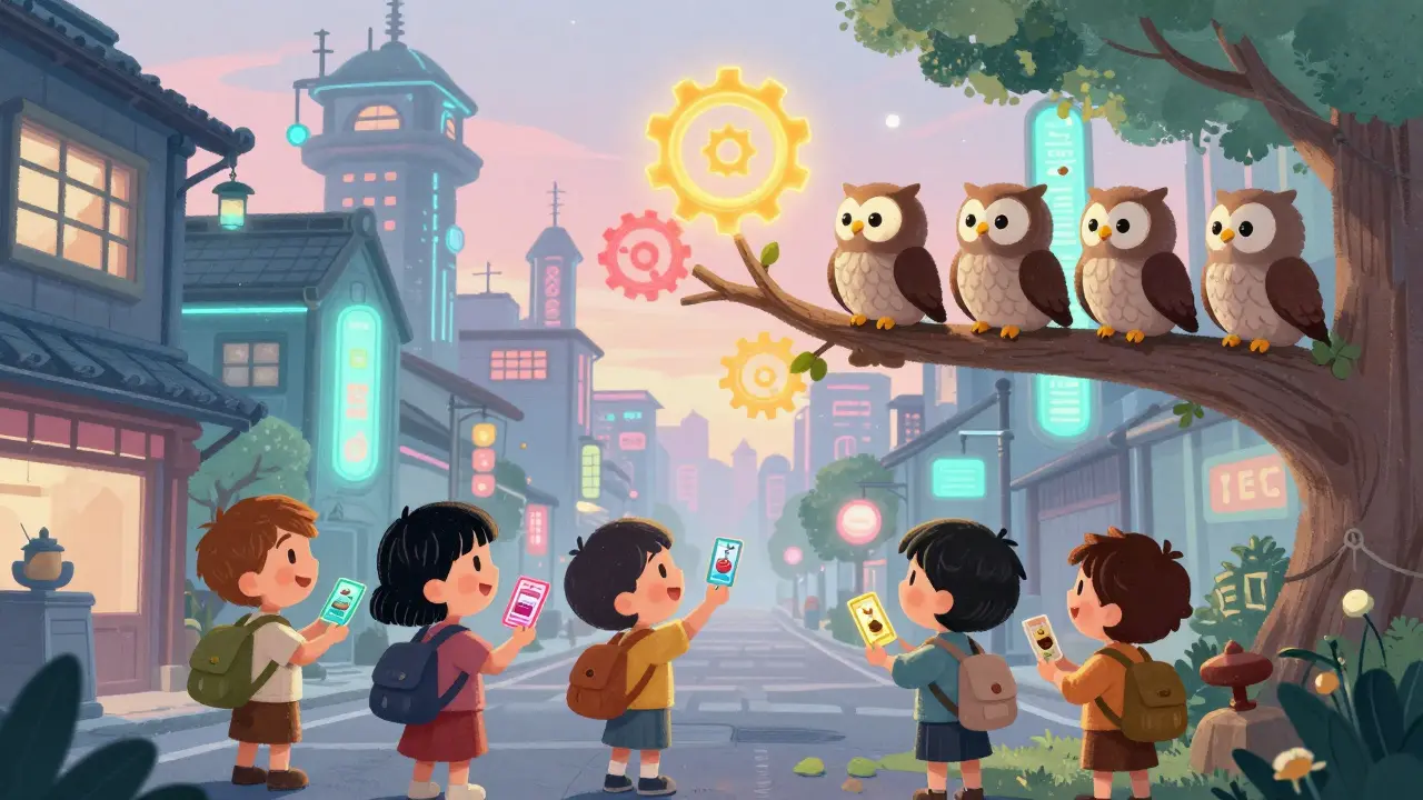 Wise owls discussing futuristic digital finance in a colorful, imaginative Japanese city.