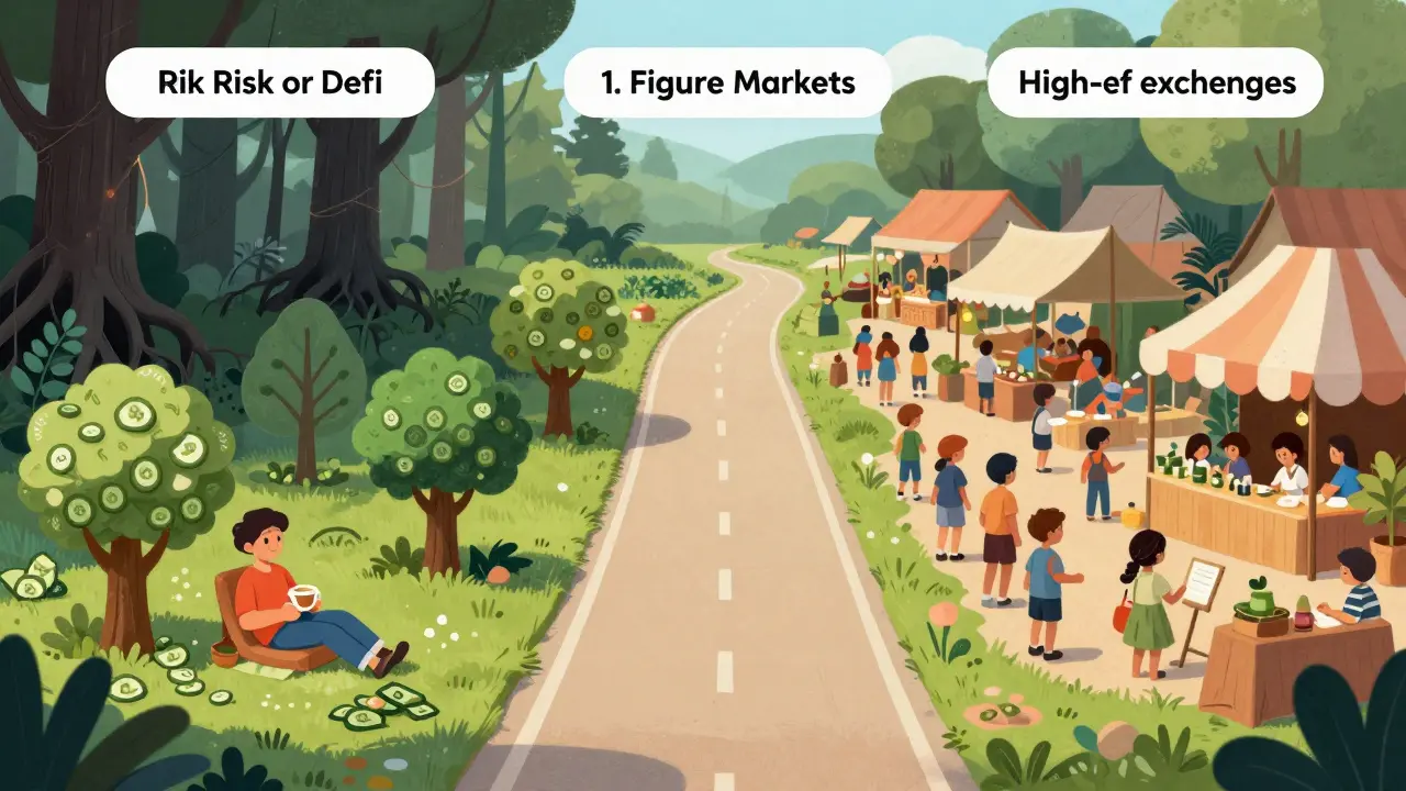 A calm, balanced path chosen over chaotic alternatives, representing safe crypto investing.