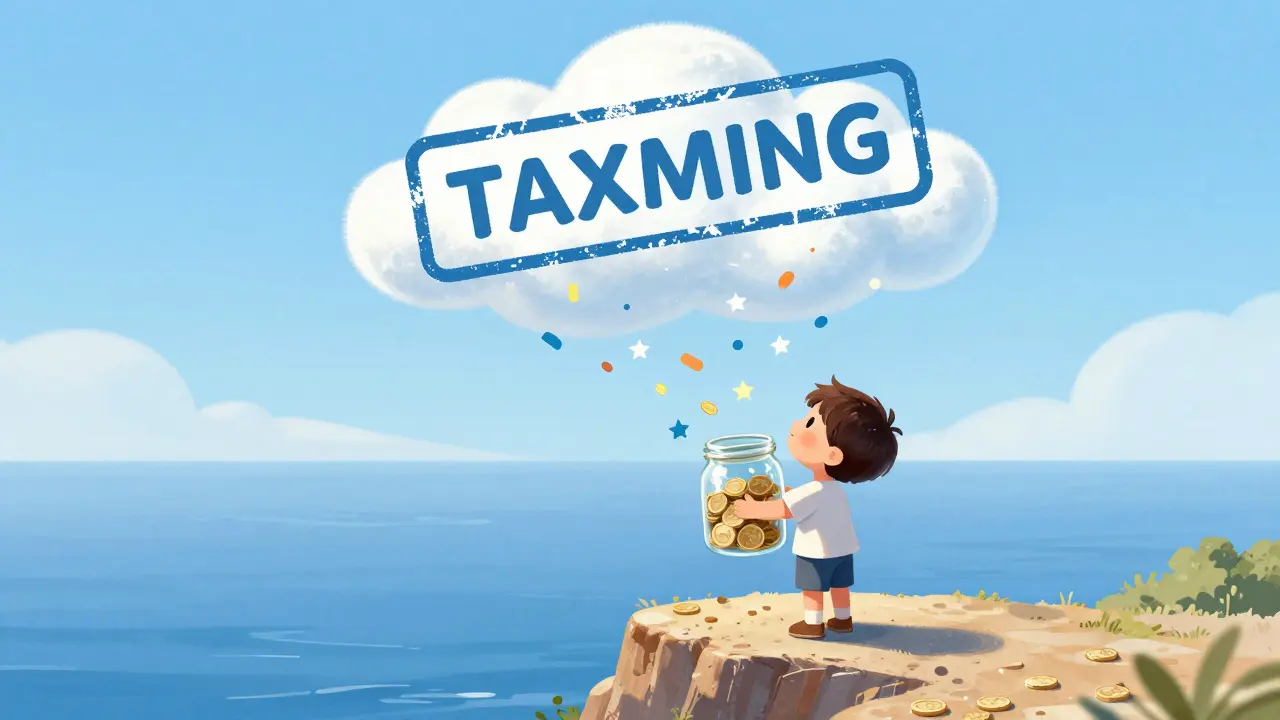 A child collecting starry profits under a tax-exemption cloud, symbolizing no capital gains tax.