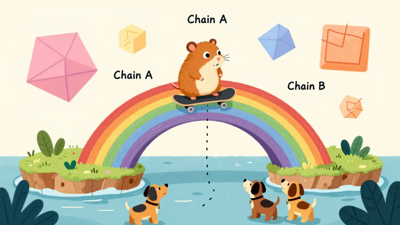 A hamster crossing a rainbow bridge between blockchain islands.