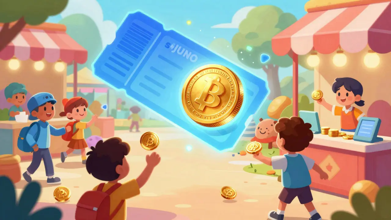 A transformed coin token freely trading in a colorful DeFi marketplace scene.
