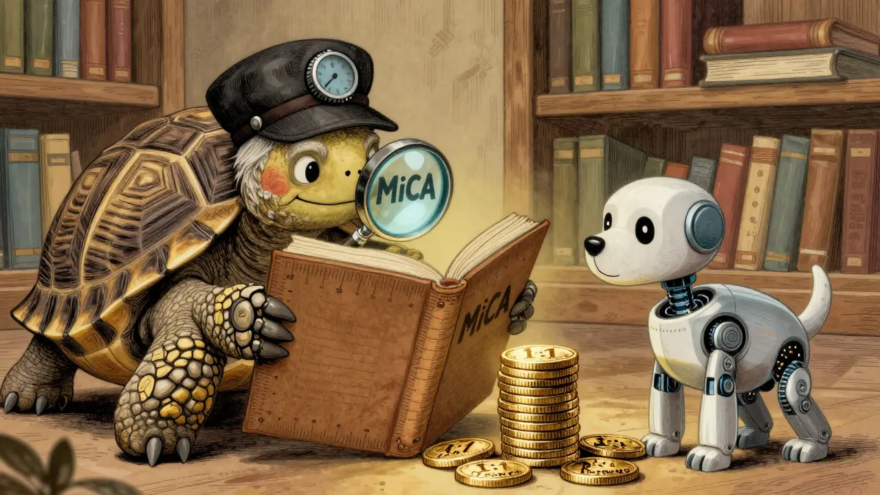A wise tortoise checks a rulebook and gold coins, representing strict stablecoin reserve requirements.