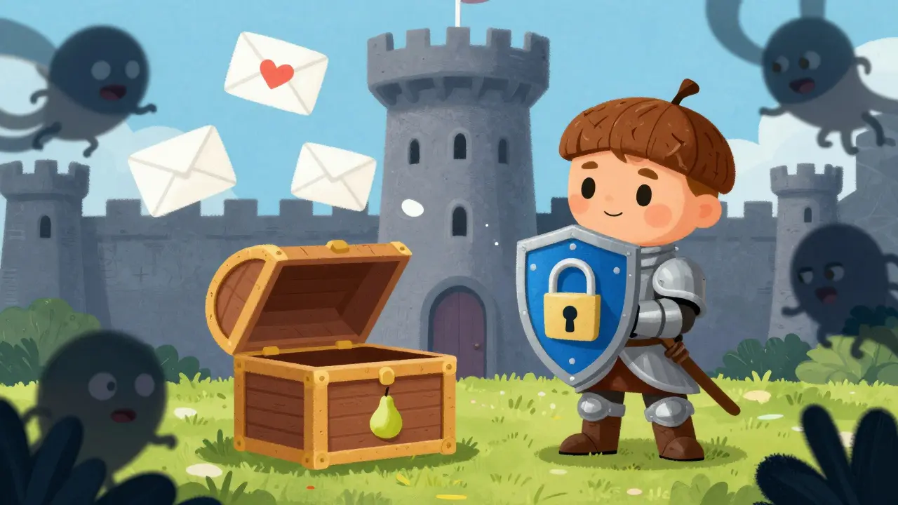 An acorn knight protecting a treasure chest from shadow creatures.