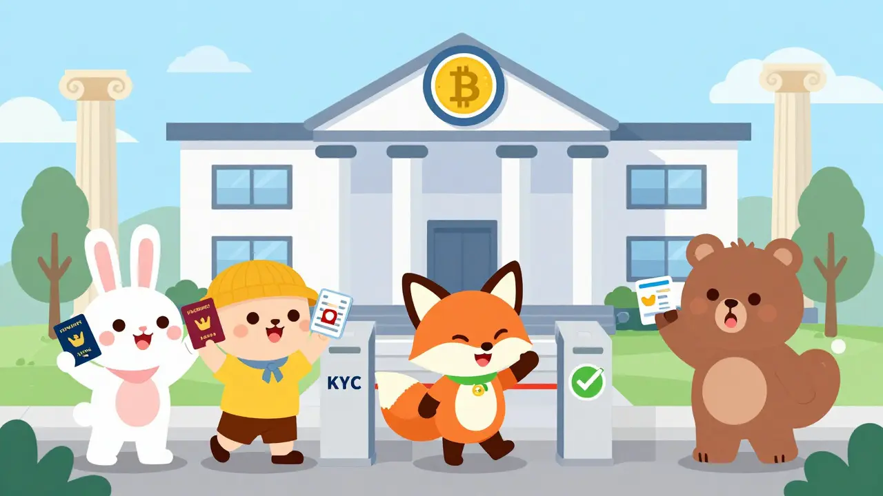 Animals verifying IDs at a friendly exchange building, showing easy KYC process.