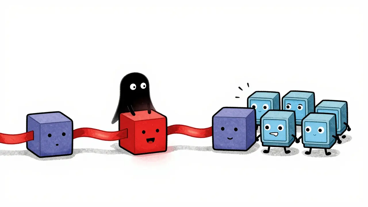 Cartoon blocks linked in a chain resisting tampering attempts.