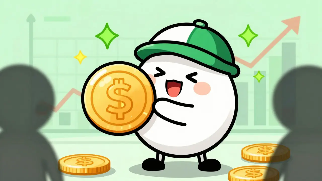Cartoon character holding large gold coins, representing low trading fees.
