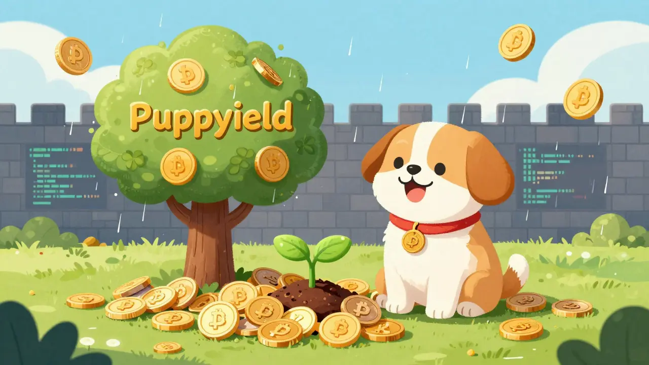 Cartoon dog planting tree growing reward tokens near secure code walls