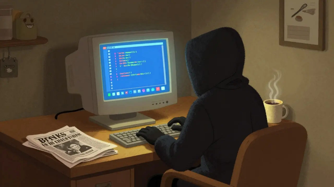 Cartoon of a mysterious coder mining the first Bitcoin block in 2009