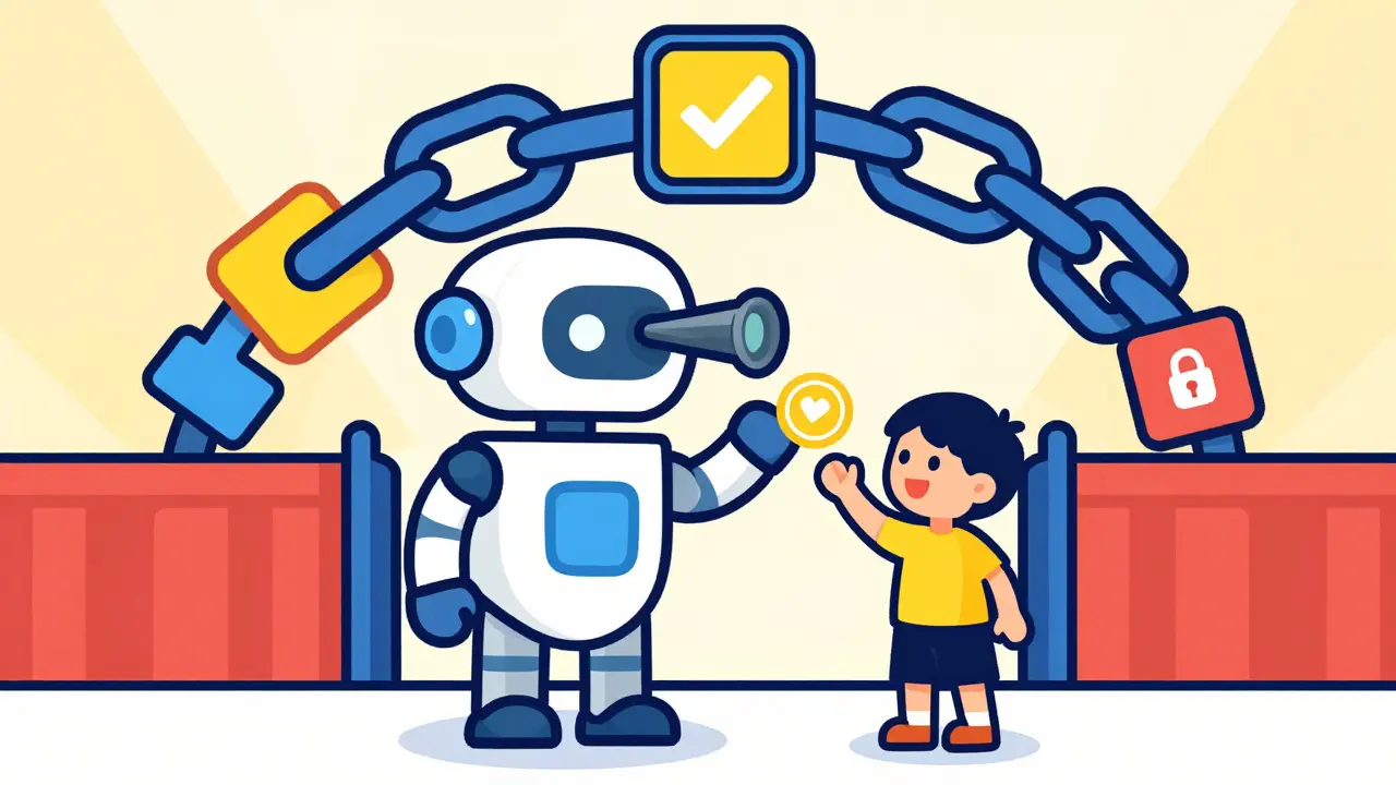 Cartoon robot scanning a digital token at a venue entrance with a secure blockchain background.