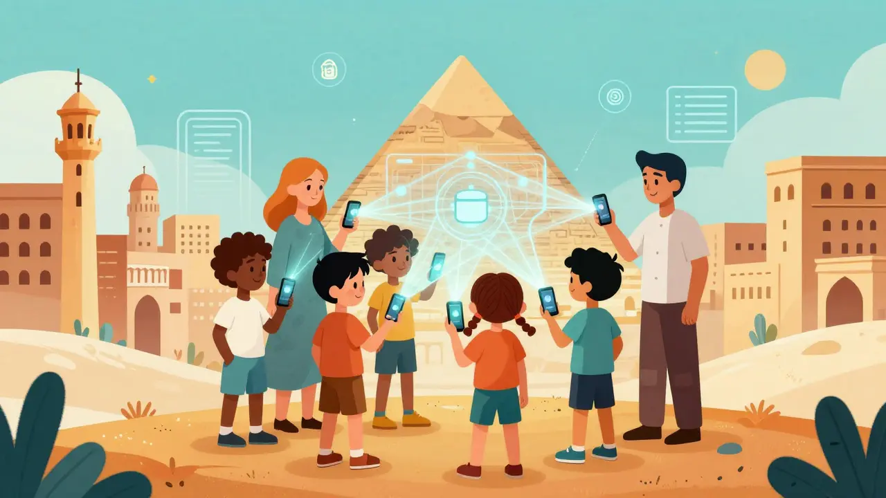 Cheerful illustration of Egyptians connected by digital light beams, symbolizing a growing crypto community.