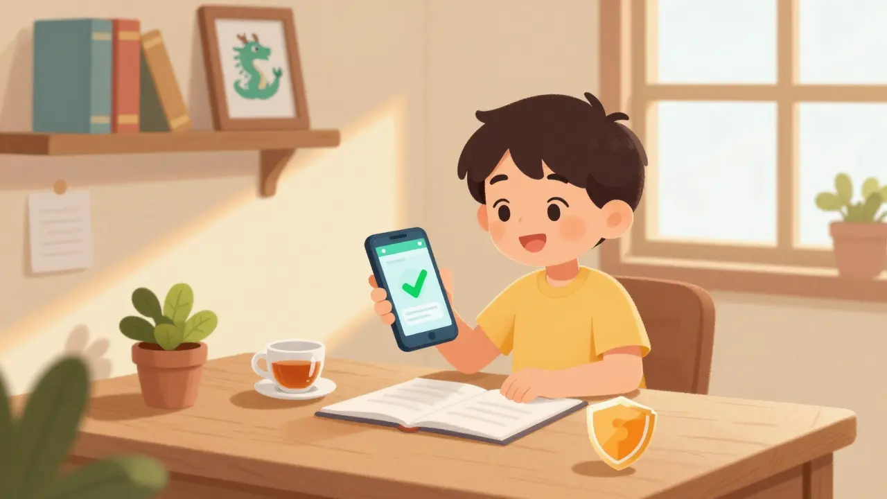 Child checking a secure digital wallet on a phone in a sunny room