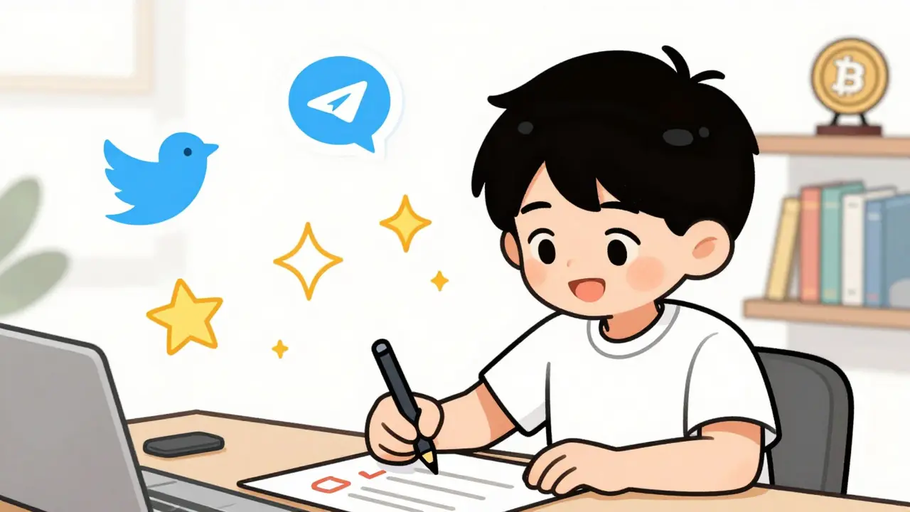 Child checking off social media tasks with floating icons around