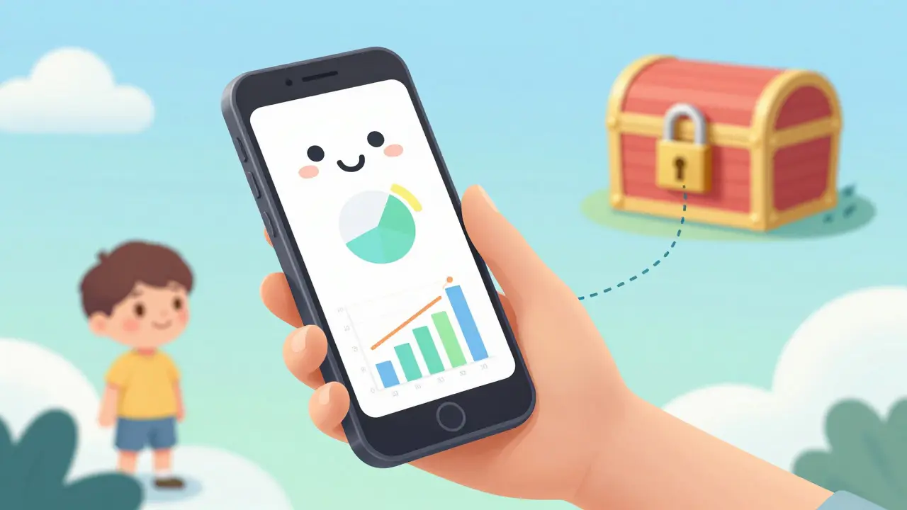 Child using a smartphone app to manage crypto, linked to a safe vault.