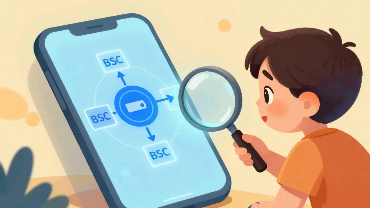 Child using magnifying glass on phone showing blockchain wallet icons