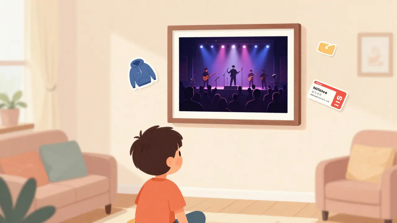 Child viewing a framed digital souvenir that unlocks exclusive perks in a cozy room.
