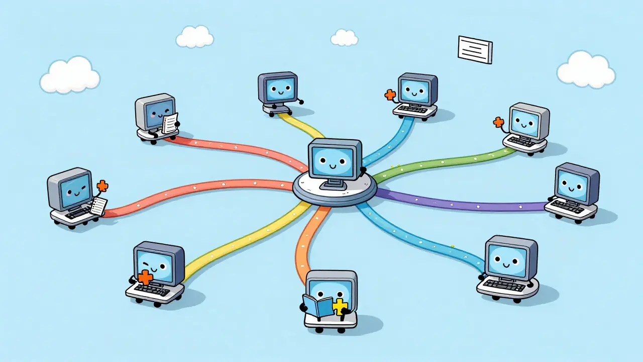 Cute computer nodes sharing data via colorful connecting ribbons.