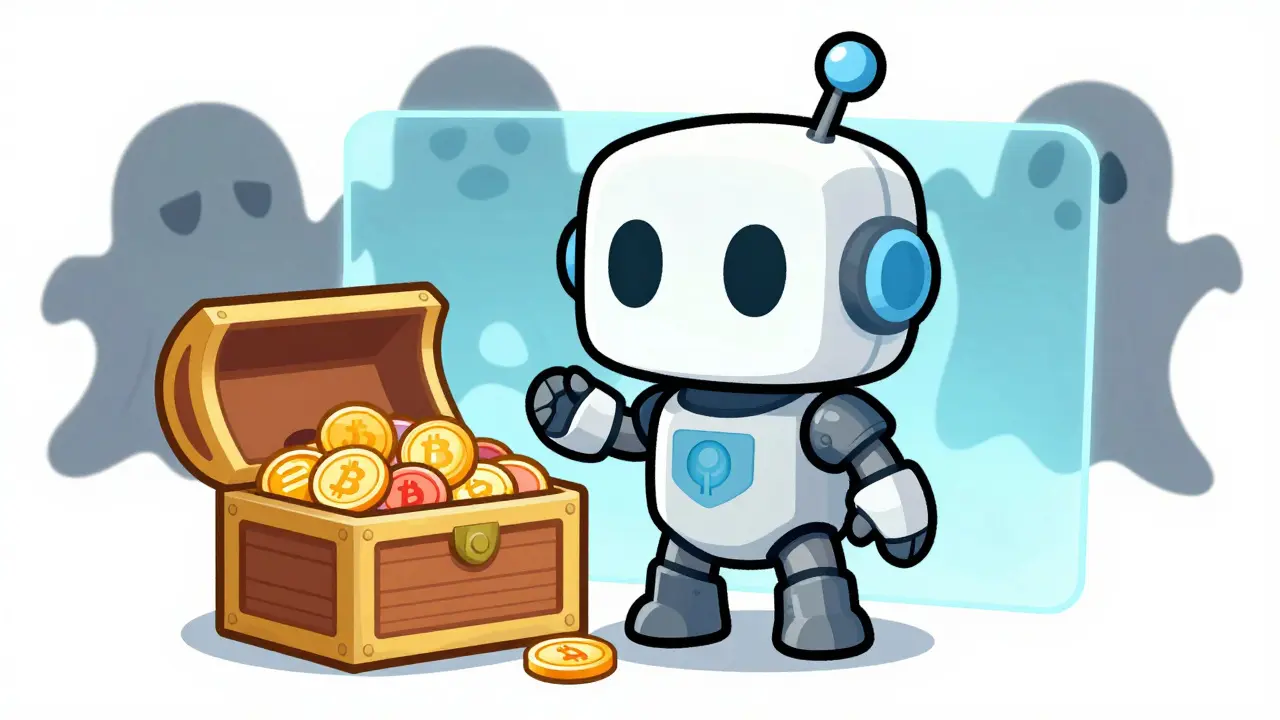 Cute robot guarding a treasure chest of crypto coins from shadowy ghosts.