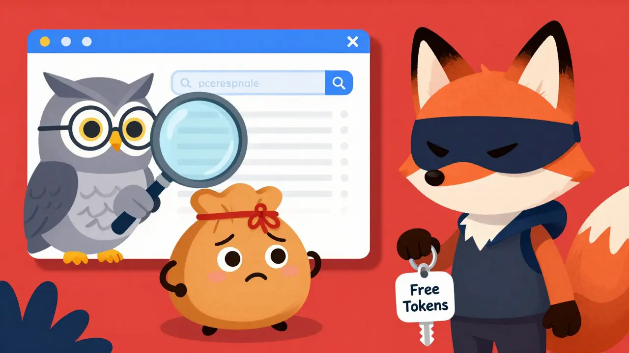 Cute wallet character avoiding a sneaky fox scammer while a wise owl checks the URL