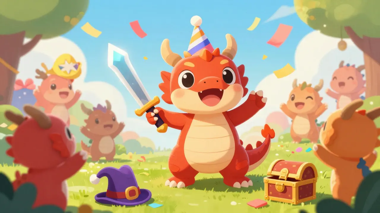 Dragon celebrating with confetti and NFT rewards in a festive scene