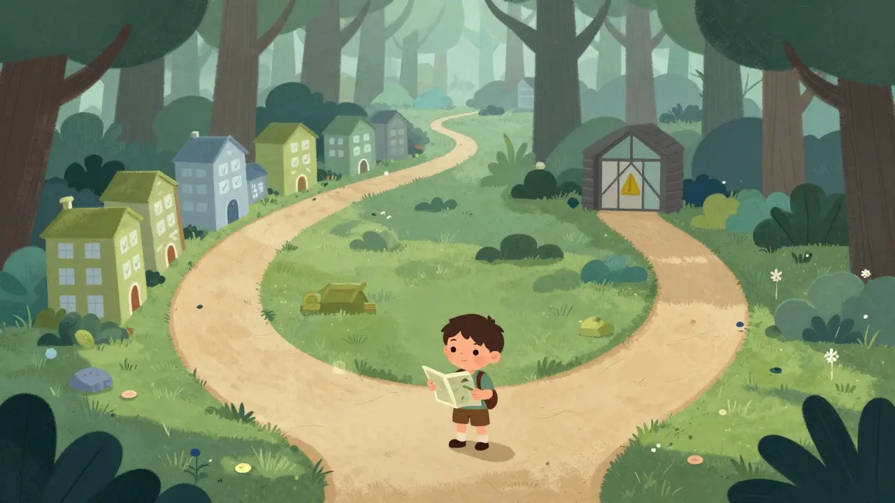 Explorer choosing between a safe path and a foggy trail