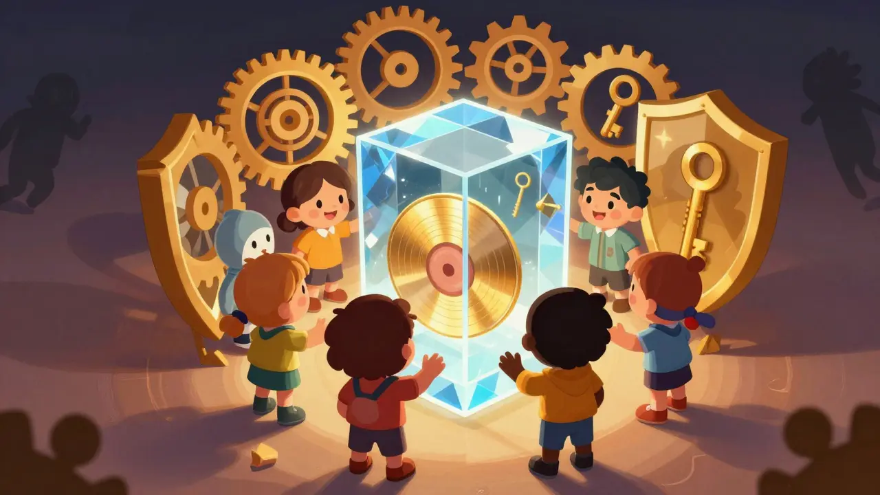 Friendly guardians protecting a shared ledger with a unified shield.