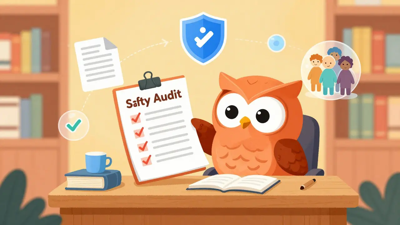 Friendly owl librarian displaying a safety checklist with verification icons