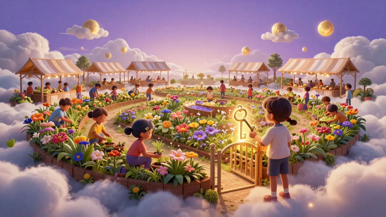 Illustration of a child unlocking a gate to a magical cloud garden