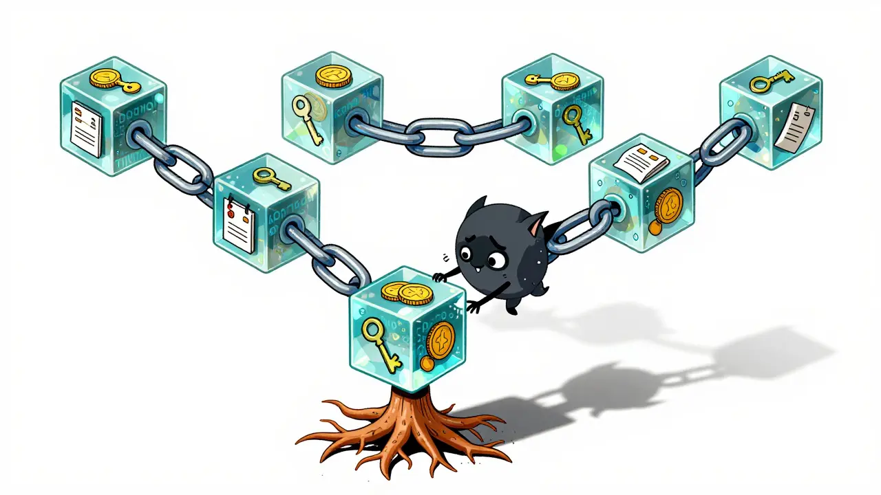 Illustration of a secure blockchain chain anchored by immutable roots