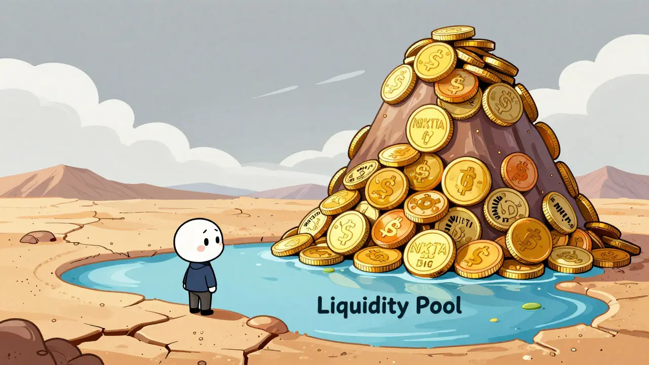 Illustration of a small investor facing a huge pile of tokens with little liquidity