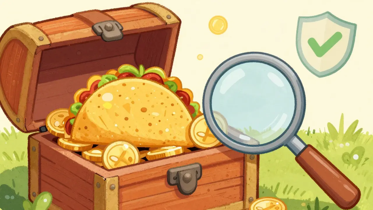 Illustration of a treasure chest full of taco coins with a safety shield.