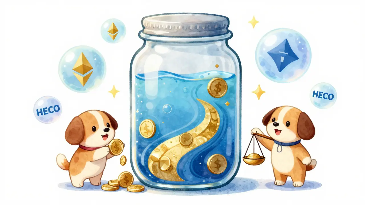 Illustration of dogs managing liquidity pool jar with blockchain bubbles