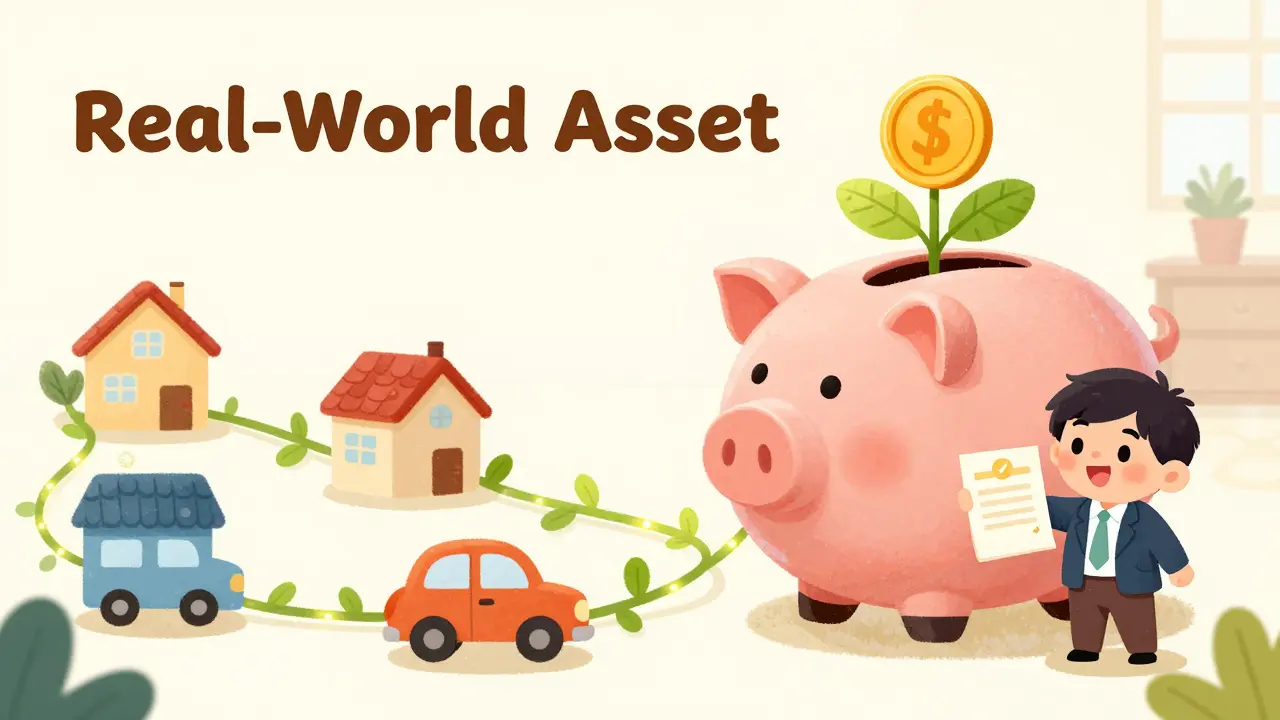 Illustration of houses and cars funding a growing piggy bank, showing real-world asset yields.