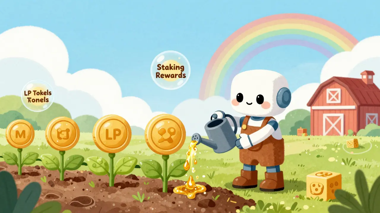 Illustration of robot farming MDX tokens in a magical liquidity garden