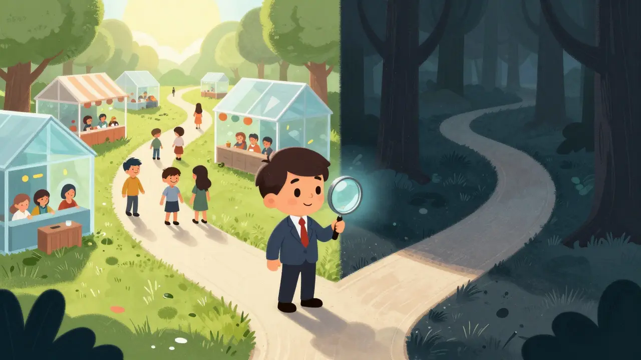 Investor choosing between a safe marketplace and a dark, empty forest path