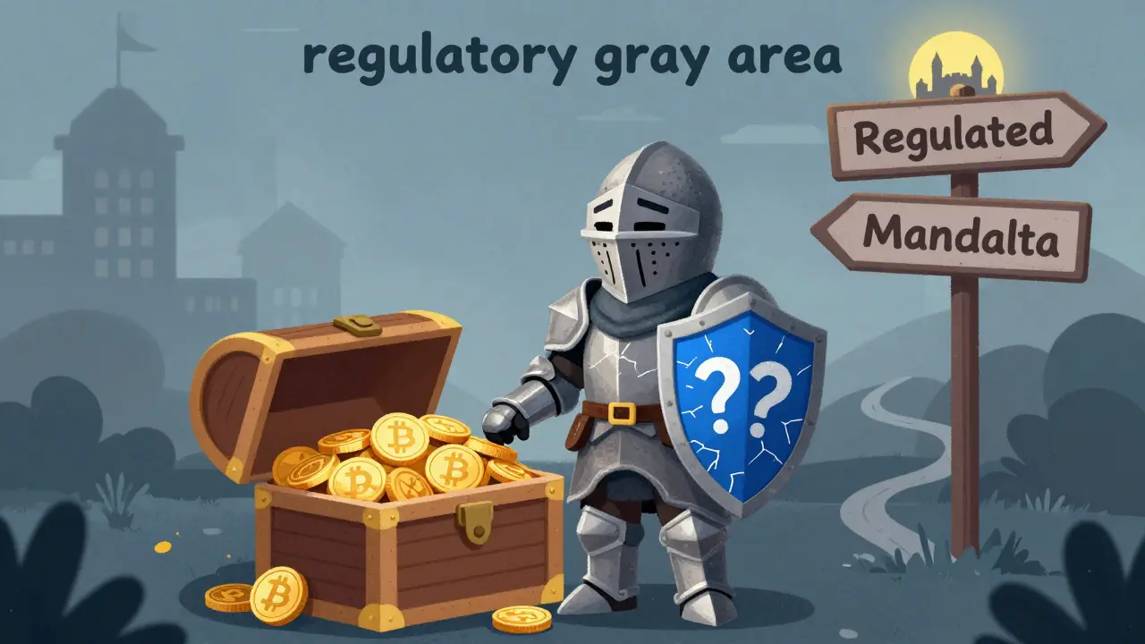 Knight guarding crypto chest with cracked shield in foggy regulatory landscape