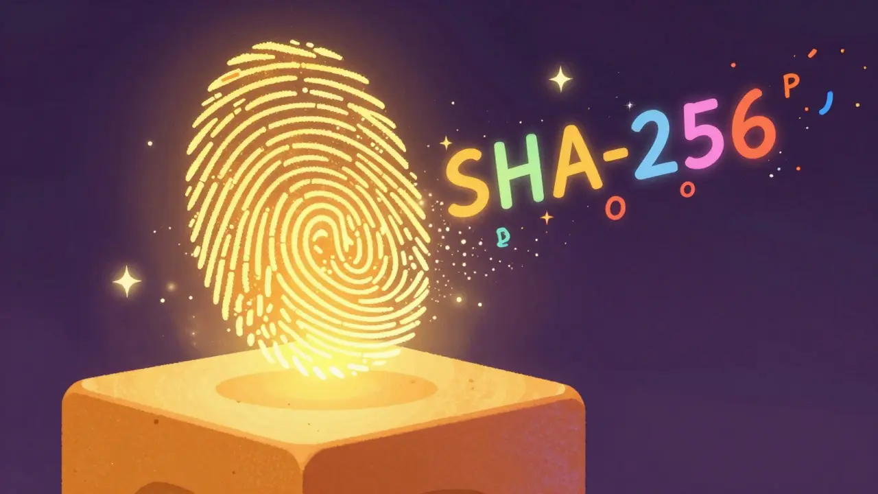 Magical illustration of a digital fingerprint transforming into a hash code.