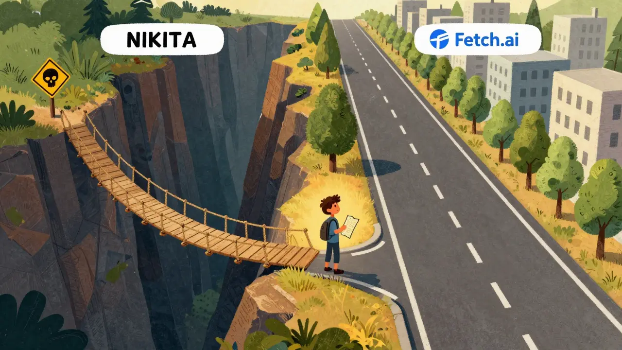 Picture book style comparison of a risky narrow bridge versus a safe wide road
