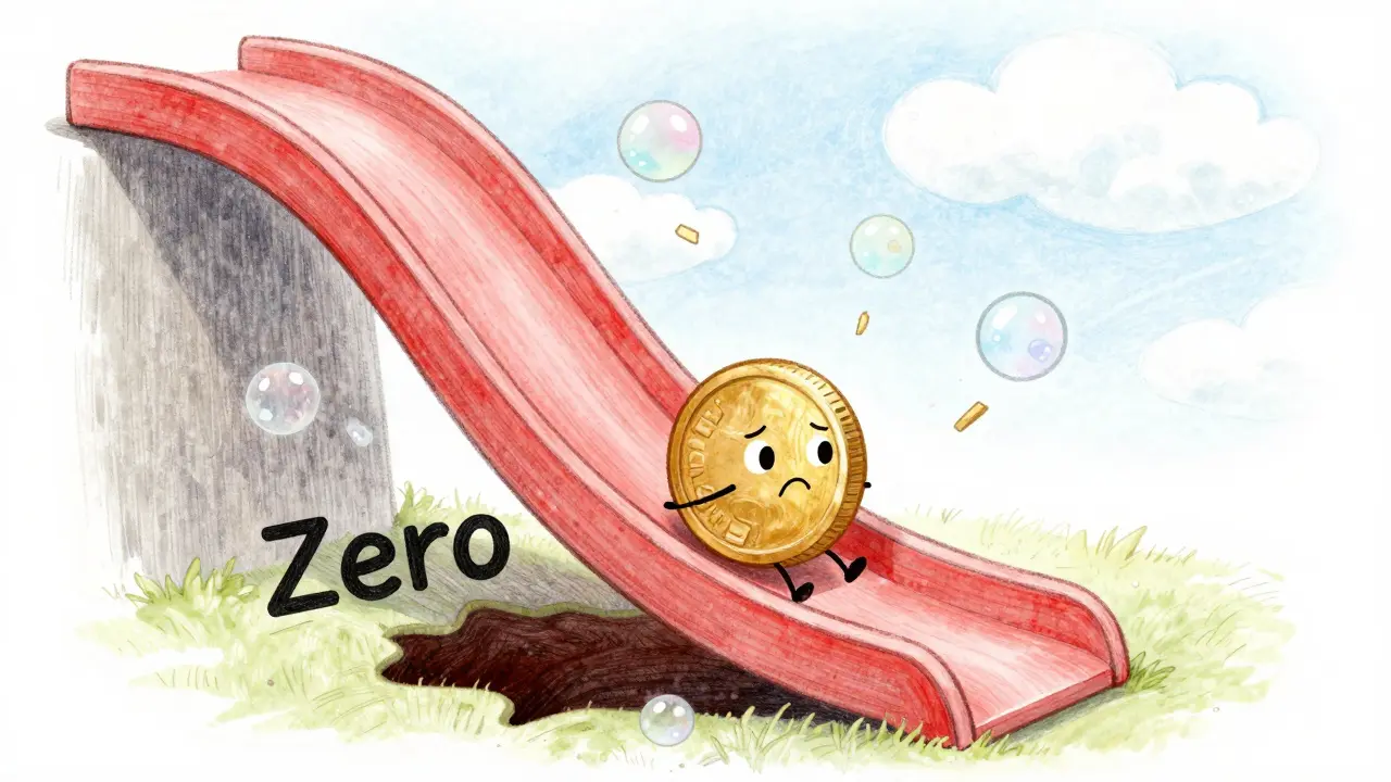 Sad coin character sliding down a steep red hill