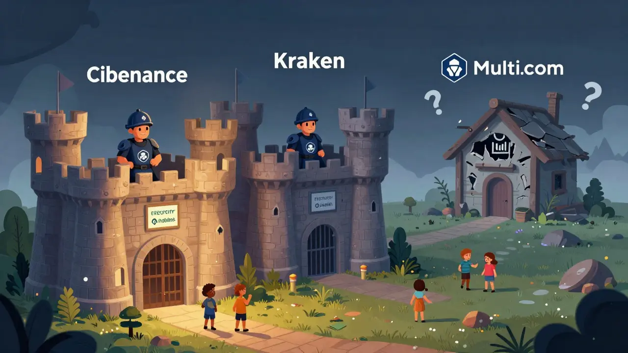 Safe crypto castles vs crumbling scam shack in fog