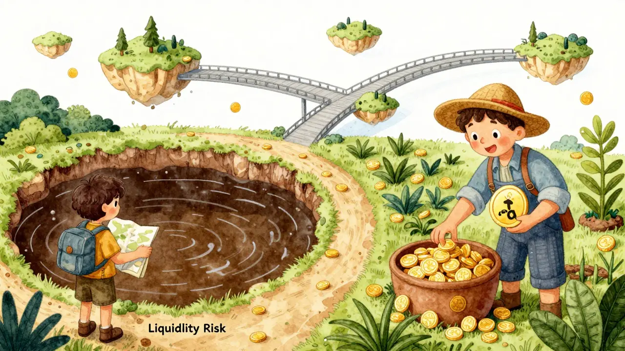 Split illustration showing liquidity risks versus yield farming benefits in cartoons.