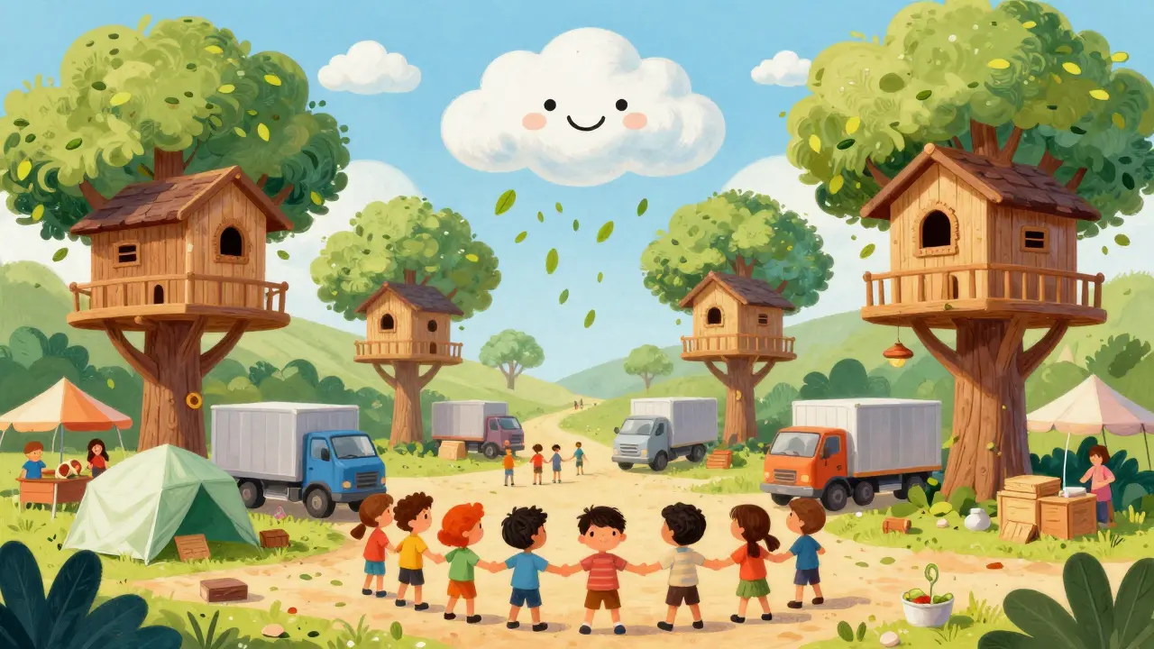 Sturdy treehouses grow in a market as flimsy tents leave, showing crypto industry consolidation.