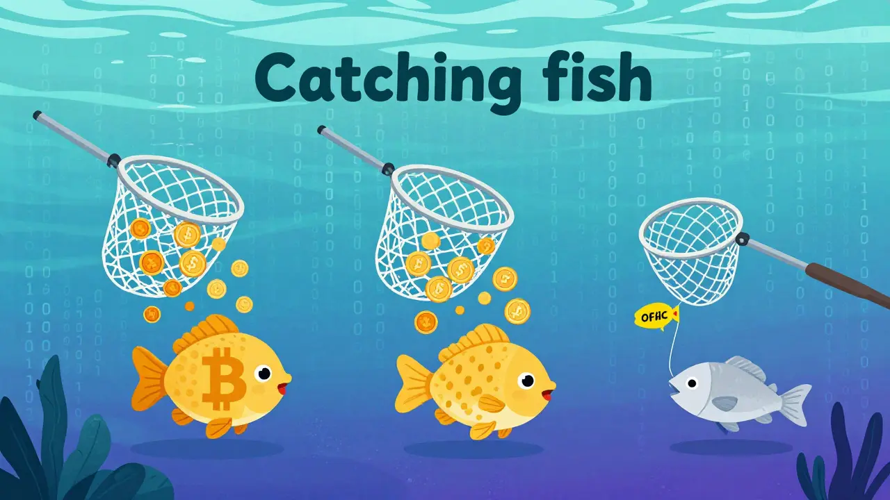 Three fishing nets catching digital coins in a binary code ocean.
