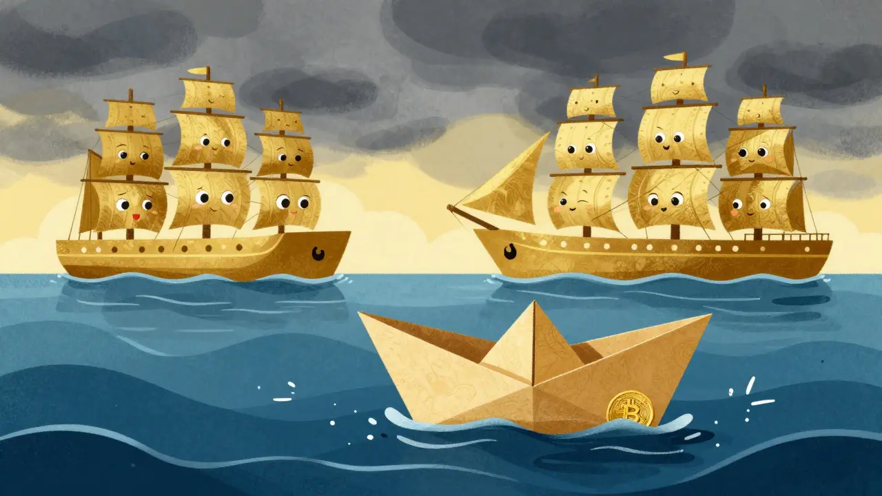 Tiny boat in rough seas vs large ships in calm water illustrating crypto risk