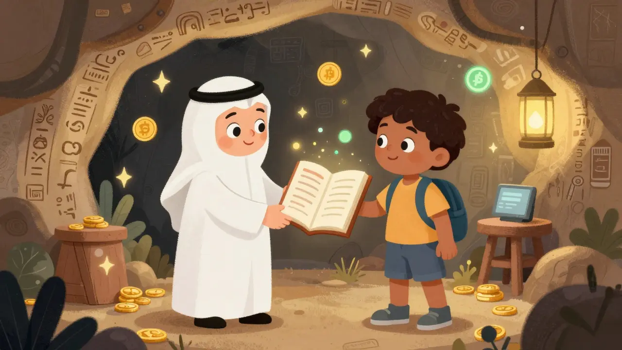 Whimsical drawing of two people trading crypto in a hidden underground market with ancient and modern symbols.